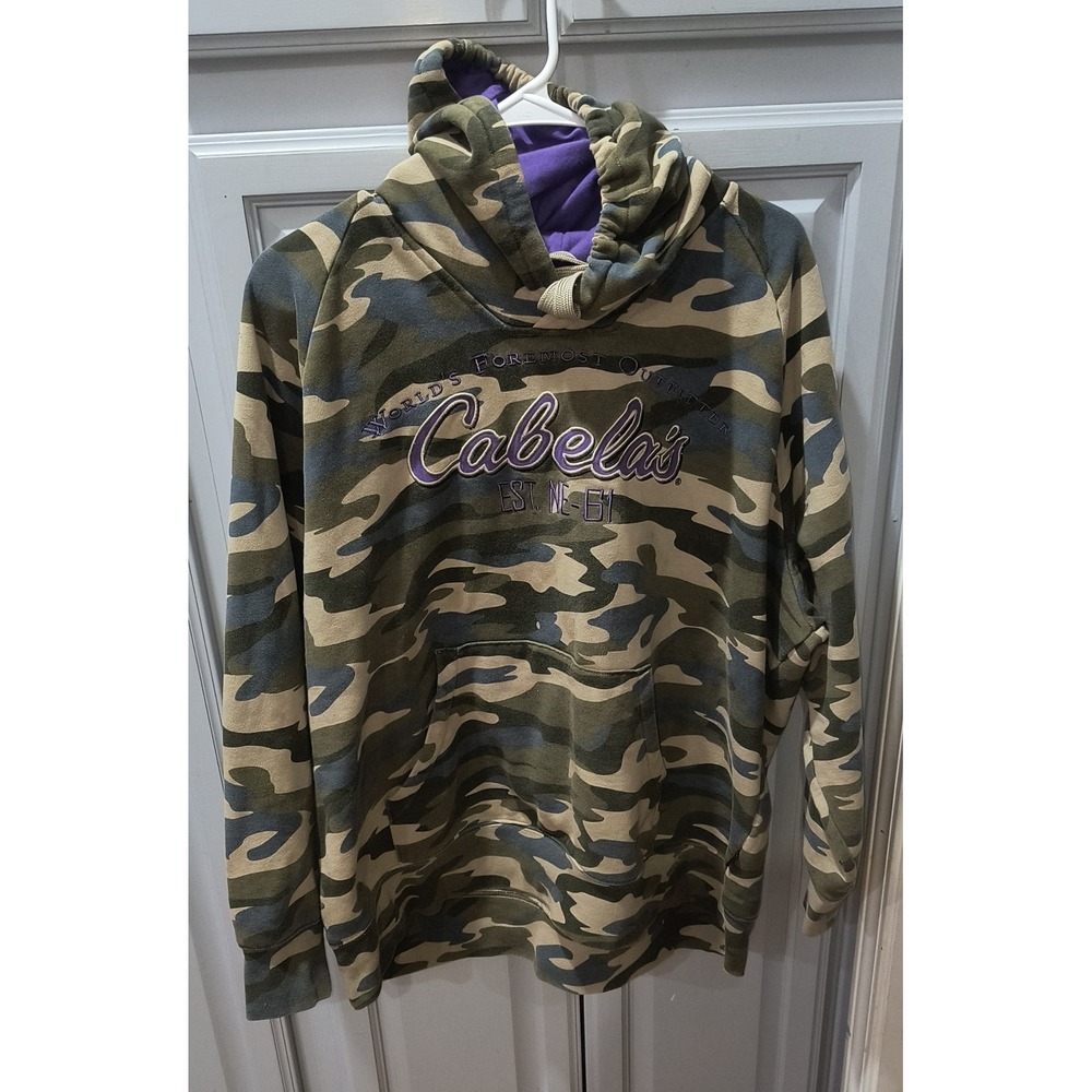 Cabelas Camo Hoodie Womens 2XL Purple Logo Embroidered Fleece Sweatshirt Green